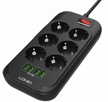 LDNIO Удлинитель сетевой фильтр LDNIO SE6403 , 2 метра, 4 USB, 6 розеток - 2500W, тройник разветвитель с заземлением и выключателем